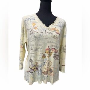 Cactus Chic Vintage Inspired with Rhinestones Graphic Top Ruffle edges Size XL